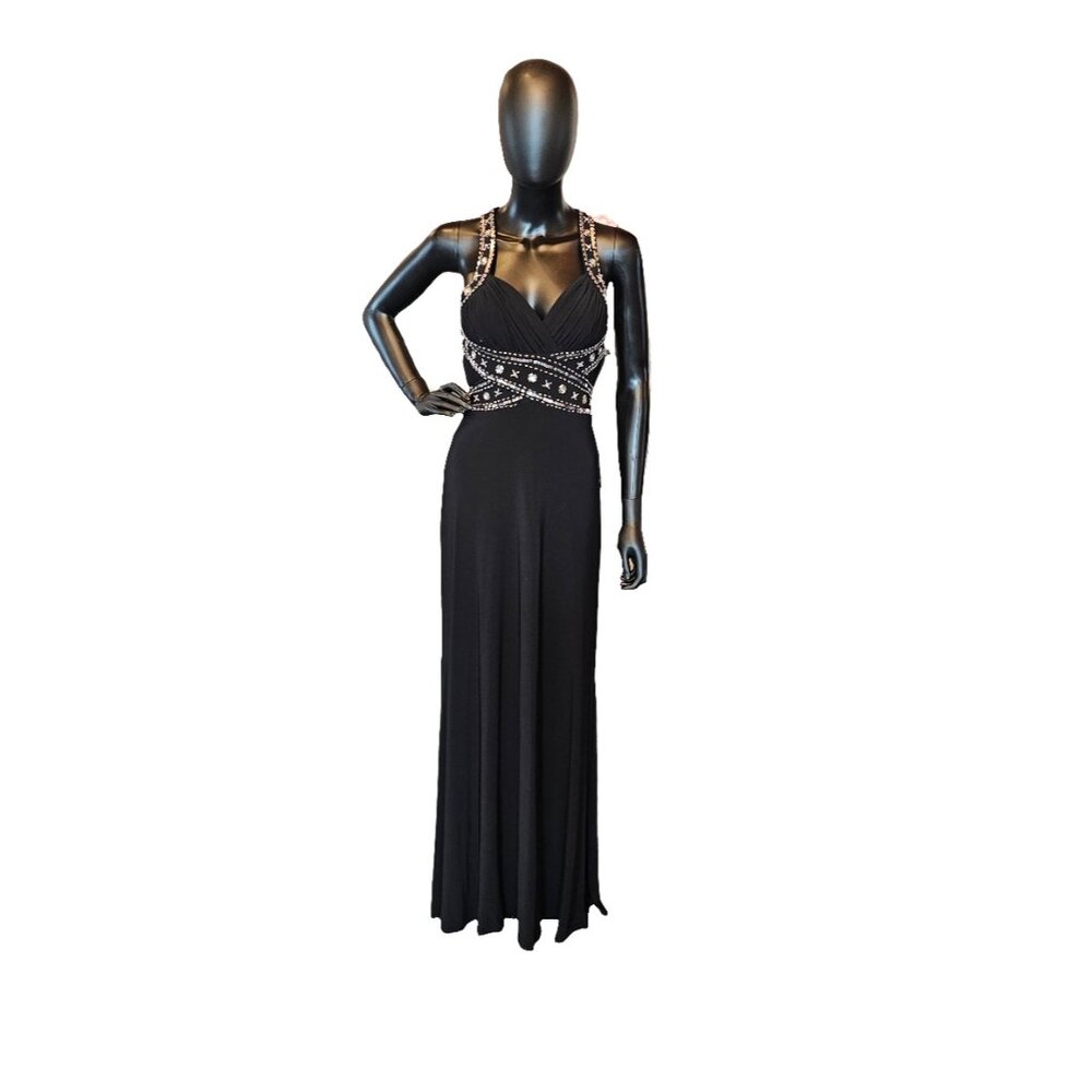Black/Silver Sequin Cross Back Formal Full Length Dress